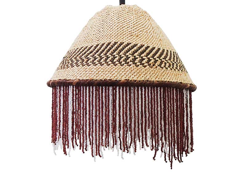 African Beaded Basket Pendant Lampshade - Brown and White Beads_no light