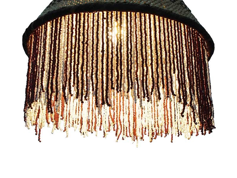 African Beaded Basket Pendant Lampshade - Brown and White Beads_lighted detail