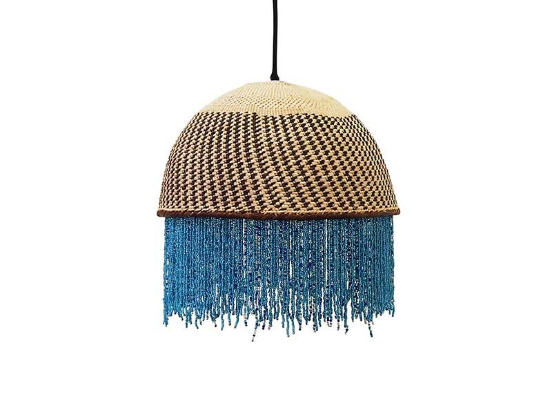 African Beaded Basket Pendant Lampshade - Blue Beads_no light