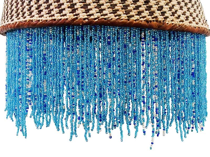 African Beaded Basket Pendant Lampshade - Blue Beads_bead detail