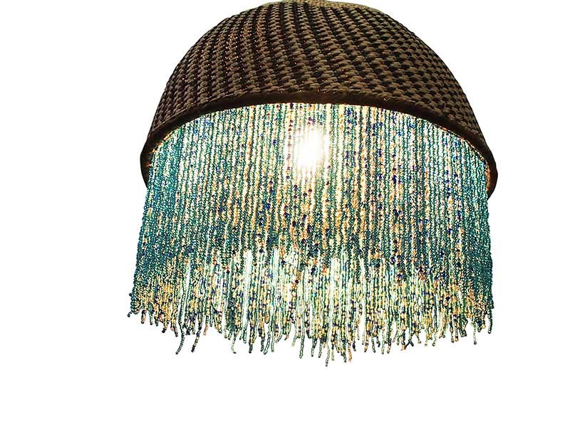 African Beaded Basket Pendant Lampshade - Blue Beads_lighted
