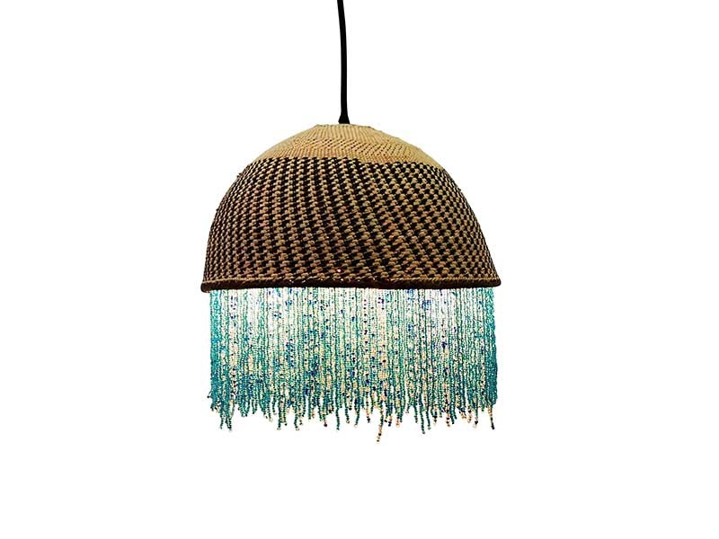 African Beaded Basket Pendant Lampshade - Blue Beads