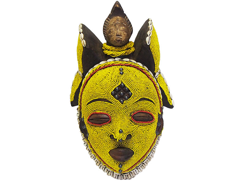 Bamileke Mask - Small Yellow beaded mask with Cowrie shells