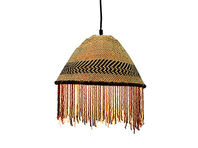 African Beaded Basket Pendant Lampshade - Brown and White Beads