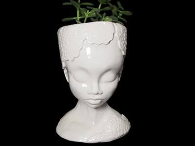 Handmade Ceramic Lady Planter - Lace Neckpiece and Headress